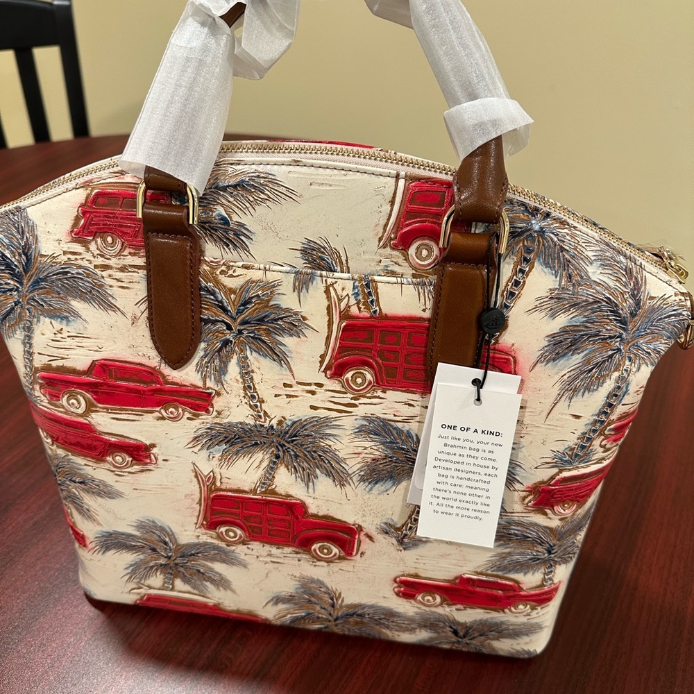 Brahmin Copa Cabana Red and Cream Satchel with Vintage Tropical Flair
